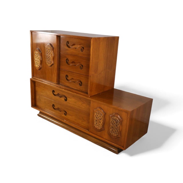 Young Manufacturing Attributed to Young Manufacturing Vintage Mid Century Modern Brutalist Spanish Revival 2 Piece Highboy Dresser C. 1960s For Sale - Image 4 of 9