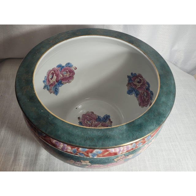 Striking vintage floral jardinière with an exceptionally decorative, richly layered design. The generously rounded vessel...