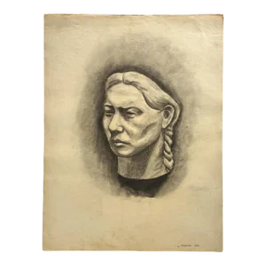 Anthony Ferrara (1930-2012) - Realist Portrait of Woman With Braids, Signed (1946, Charcoal on Paper)