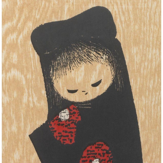 Contemporary Kaoru Kawano "Girl and Red Camellia" Woodcut For Sale - Image 3 of 7