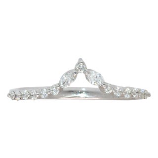 Curved Chevron Diamond Band: Solid 14k Gold, Marquise & Round Wedding Ring, Size 6.75 For Sale
