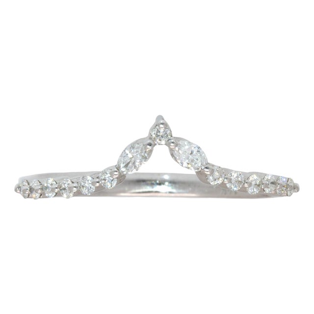 Curved Chevron Diamond Band: Solid 14k Gold, Marquise & Round Wedding Ring, Size 6.75 For Sale
