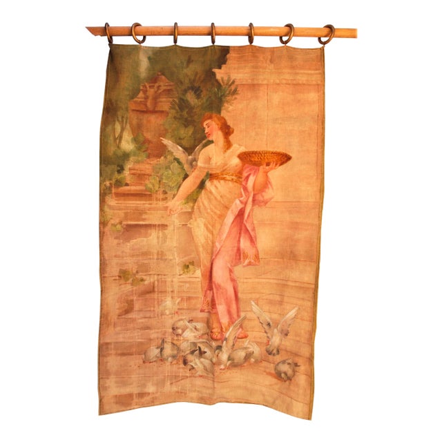 1900s Antique Hand Painted Hanging Tapestry Woman Feeding Birds For Sale