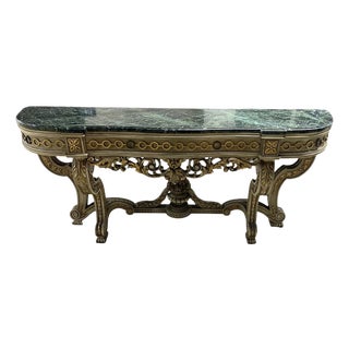 1960s Italian Gilt Console With Carved Details & Dramatic Marble Top For Sale