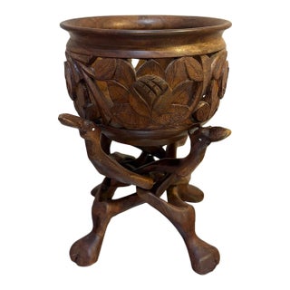 Hand-Carved Mahogany Flower Planter W/ Folding Camel Stand For Sale