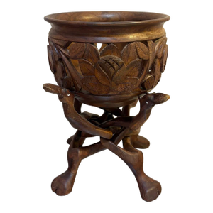 Hand-Carved Mahogany Flower Planter W/ Folding Camel Stand