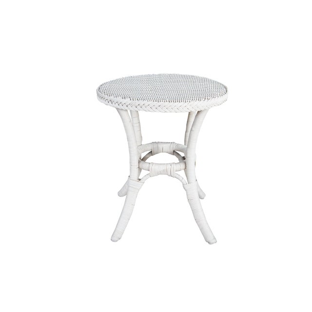 Boho Chic Vintage Boho Chic White Wicker Bamboo Rattan Round Pedestal Table Stand For Sale - Image 3 of 11