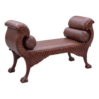 20th-C. Empire Regency Style Carvec Mahogany and Leather Bench Ottoman For Sale