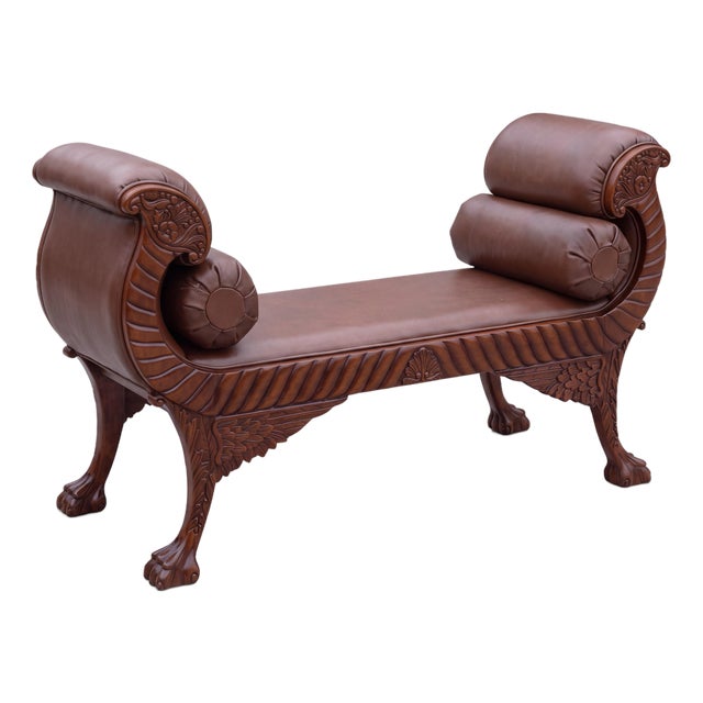 20th-C. Empire Regency Style Carvec Mahogany and Leather Bench Ottoman For Sale