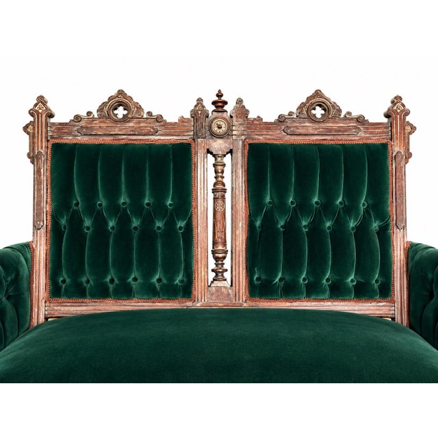 Late 19th Century 19th Century Antique Victorian Eastlake Settee, Carved Walnut With Tufted Emerald Green Velvet, Gothic Crest For Sale - Image 5 of 8