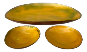 Yellow Enameled Copper Dishes- Set of Three