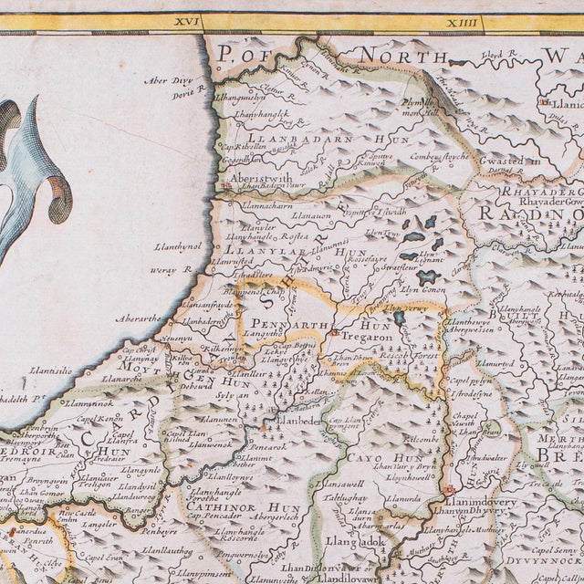 Glass Antique South Wales Map, English, Framed, Robert Morden Cartography, Circa 1720 For Sale - Image 7 of 12