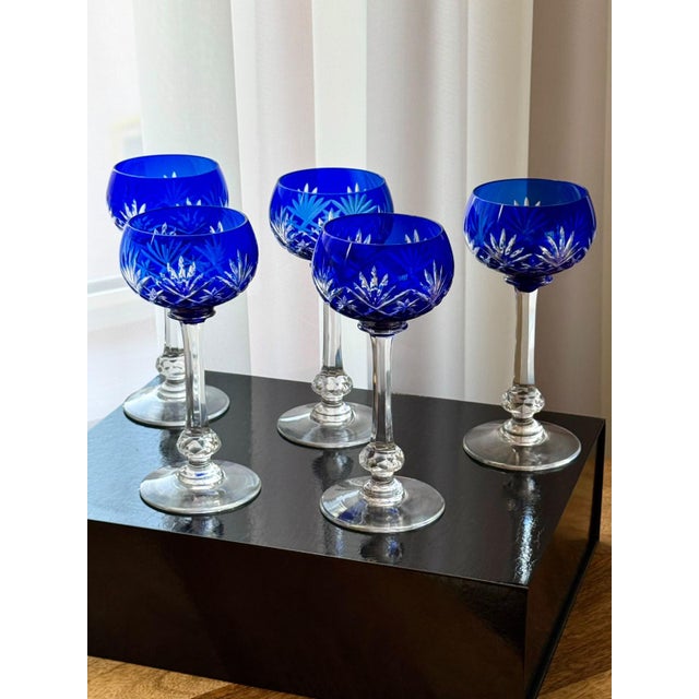 1920s Cobalt Blue Massenet Crystal Hock Glasses by Saint-Louis, 1920, Set of 5 For Sale - Image 5 of 15