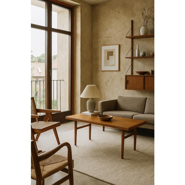 This long coffee table was manufactured in Denmark during the 1960s. The top is crafted from teak in a golden-brown shade,...