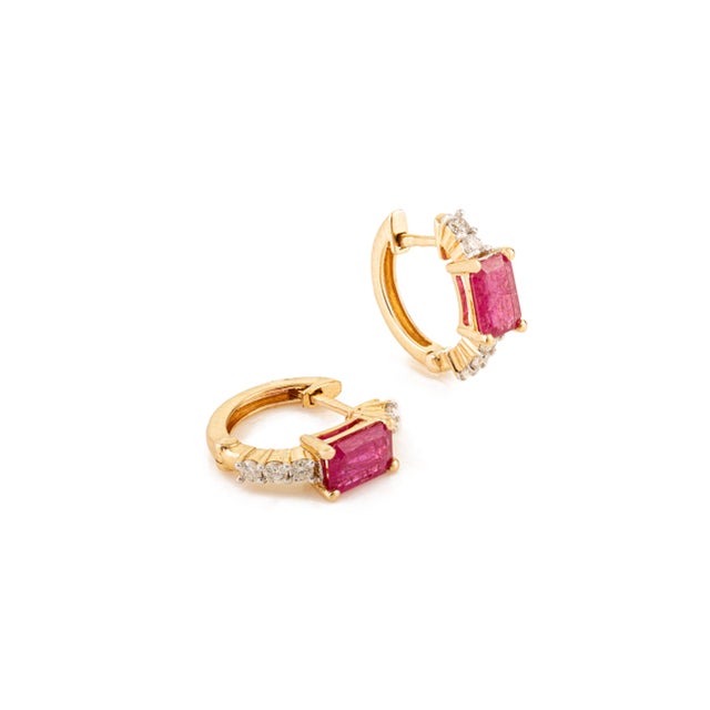 Not Yet Made - Made To Order Dainty 1.05 Ct Ruby & Diamond Huggie Hoop Earrings in 18k Yellow Gold- 2 Pieces For Sale - Image 5 of 13