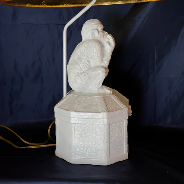 Late 20th Century Chic Vintage Vivai Del Sud Style White Monkey Table Lamp With Hand Gilt Red Chinoiserie Shade – Newly Painted For Sale - Image 5 of 11