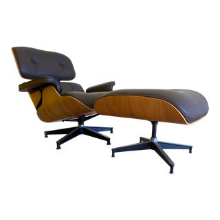 Brown Leather Eames Lounge Chair and Ottoman For Sale