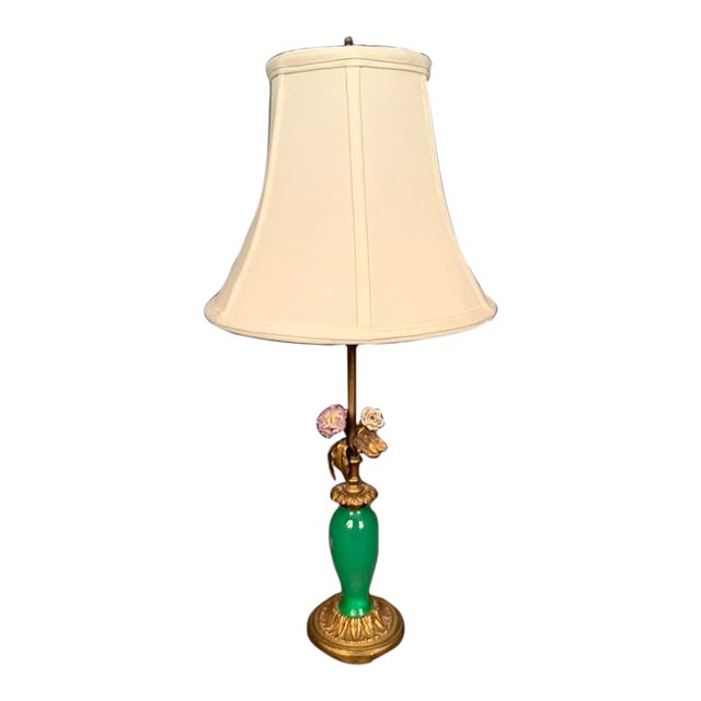 French Bronze & Green Glass Table Lamp With Porcelain Flowers and Silk Shade, Circa 1920 For Sale