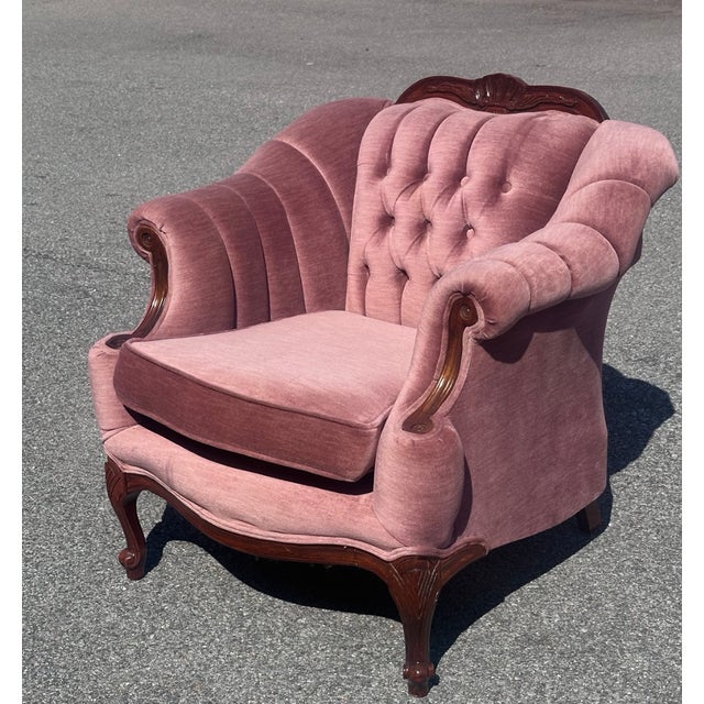 French Provincial Vintage French Provincial Blush Pink Velvet Armchair With Carved Wood Frame For Sale - Image 3 of 7
