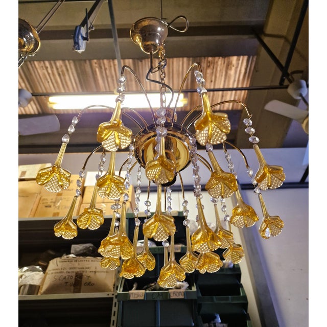 Vintage Gold Rain Chandelier with Crystals and Handmade Murano Glass Flowers, Italy, 1966 For Sale - Image 17 of 18