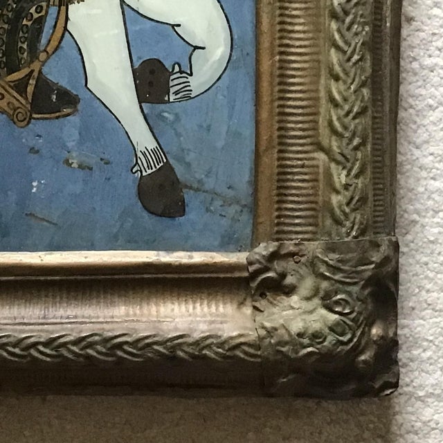 Antique Persian Qajar Dynasty Reverse Glass Painting – Equestrian Warrior in Ornate Gilt Frame For Sale - Image 9 of 12