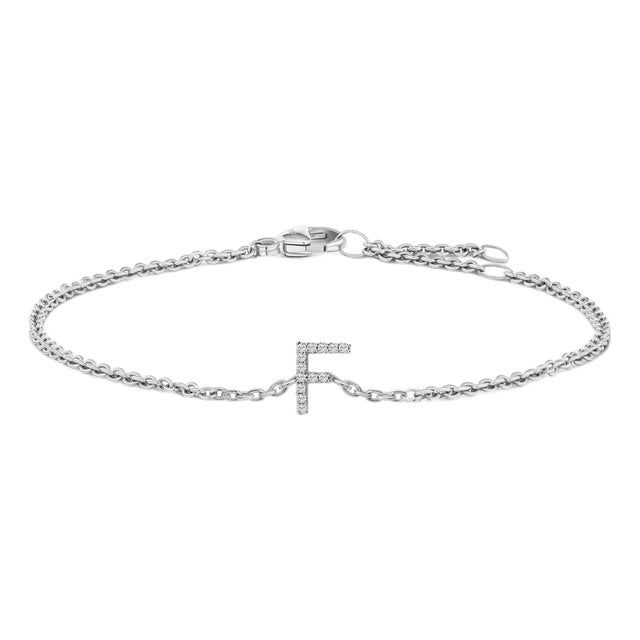10K White Gold Diamond Accent "F" Initial Charm and Link Bracelet For Sale