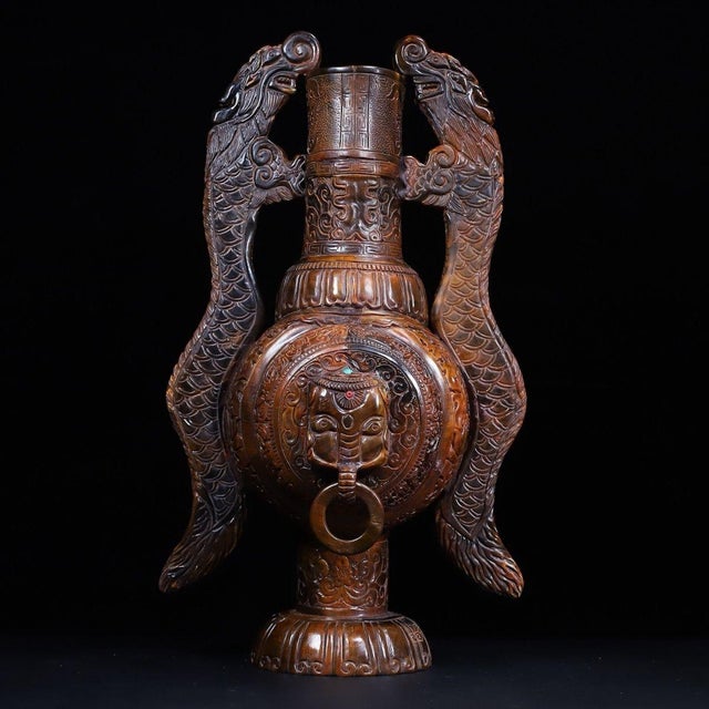 1950s 1950s Monumental Pair of Carved Horn Vases - Chinese Double Dragon Handled Bottles, 12kg For Sale - Image 5 of 10
