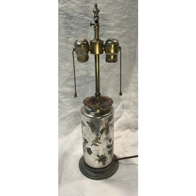 Vintage Decalcomania “Bird and Butterfly” Silver Mercury Glass Table Lamp For Sale - Image 10 of 12