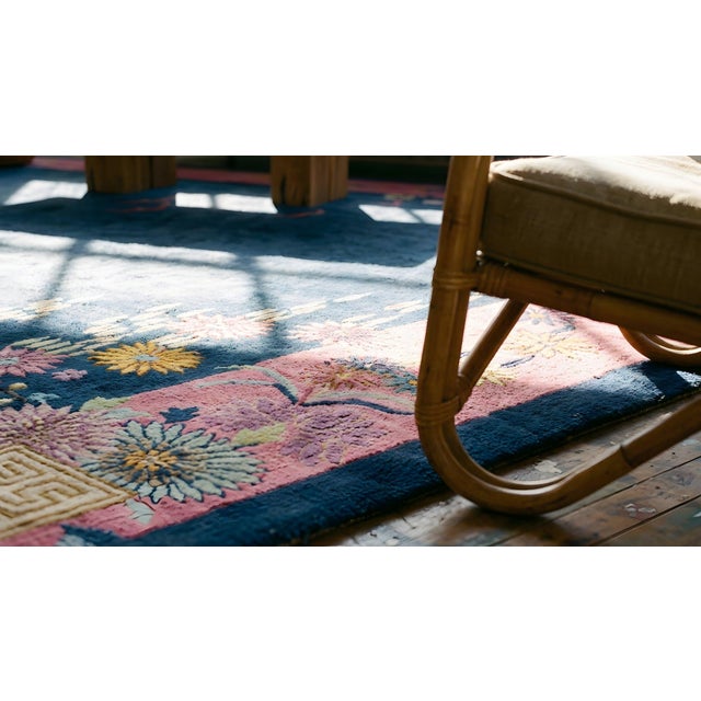 1920s Blue Navy Open Field Floral Antique Chinese Art Deco Carpet 9' X 11'8" Knotted Wool Rug For Sale - Image 11 of 13