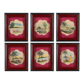 Vintage Tropical Burlap Folk Art Gallery Wall, Set of Six Framed Hand-Painted Village Scenes For Sale