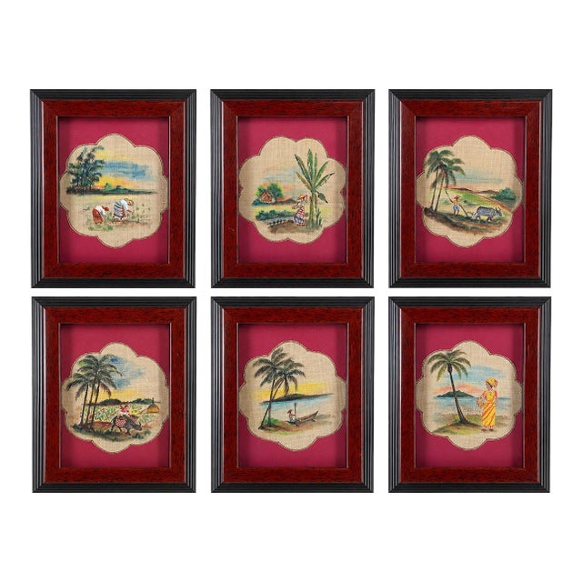 Vintage Tropical Burlap Folk Art Gallery Wall, Set of Six Framed Hand-Painted Village Scenes For Sale