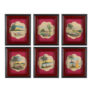 Vintage Tropical Burlap Folk Art Gallery Wall, Set of Six Framed Hand-Painted Village Scenes