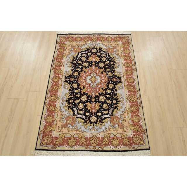 Farmhouse Fine Tabriz Rug 3’4” X 4’10” Black Wool/Silk Traditional Hand-Knotted Carpet For Sale - Image 3 of 12