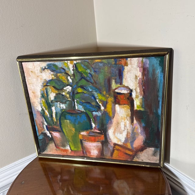 1960s 1960s Original Still Life Painting Potted Plants Vase Colorful Expressionist Framed Art For Sale - Image 5 of 12