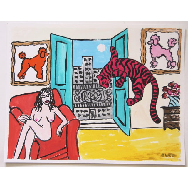Pop Art Dog Nude Poodle Tiger Seascape Impressionism Pop Art Surrealism Blue Beige Yellow Origina Painting by Cleo Plowden For Sale - Image 3 of 6
