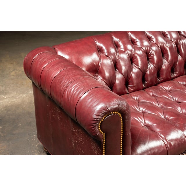 Late 20th Century Vintage Deep Red Leather Tufted Chesterfield Sofa With Brass Nailhead Trim For Sale - Image 5 of 9