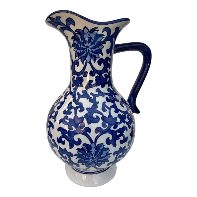 Vintage Blue and White Ceramic Pitcher For Sale