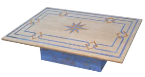 Light Travertine Table with Inlay in Blue Scagliola and Yellow Base by Cubioli for Cupioli Living