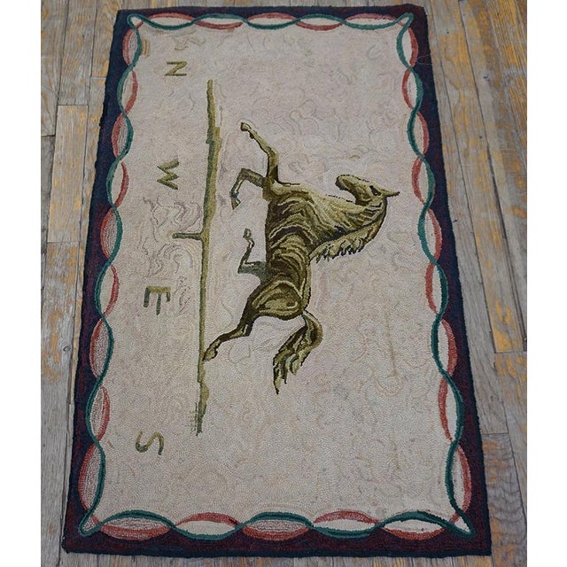 1950s Ivory Vintage American Folk Art Horse Weathervane Carpet 2'x3' 4" Wool Pile Hooked Equestrian Rug For Sale - Image 10 of 11