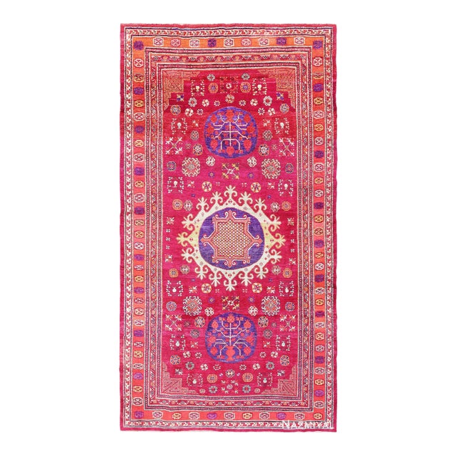 Nazmiyal Collection Vibrant Vintage Silk Pomegranate Khotan Rug For Sale