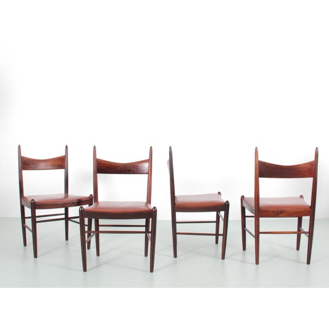 Set of 4 Scandinavian chairs in solid teak by Vestervig Eriksen for Tromborg Moblerfabrik. Original cognac leather seats....