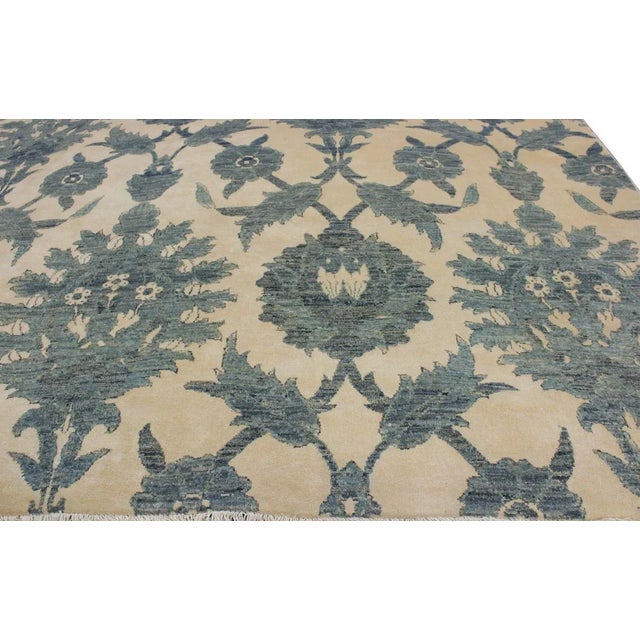 Textile 1990s Shabby Chic Modern Kafkaz Ivory/Blue Wool & Silk Rug - 7'11 X 10'3 For Sale - Image 7 of 8