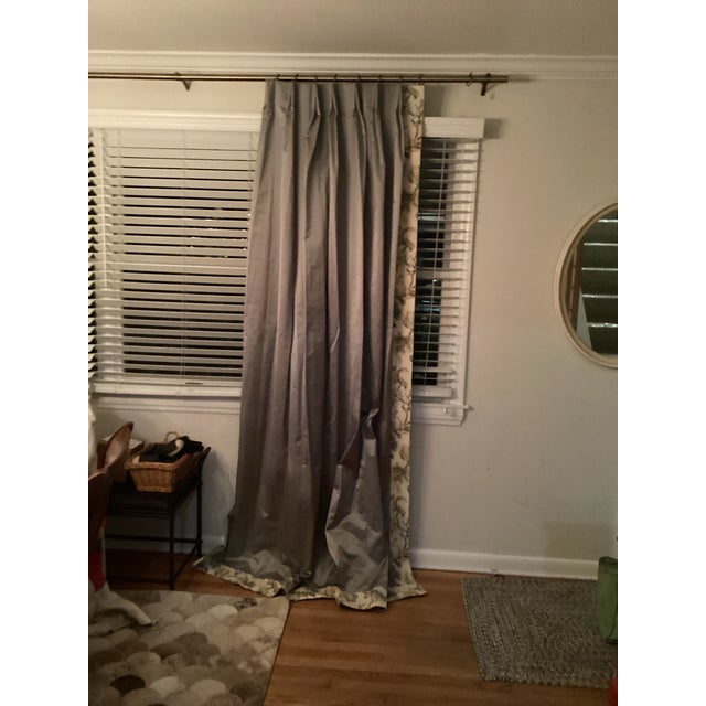 Custom-Made Silvery Chrome Color Drapes With Floral Borders. For Sale - Image 4 of 8