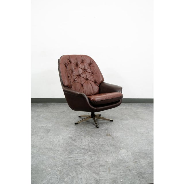 1960s Mid Century Danish Modern Lounge Chair Swivel Brown Leather Tufted Denmark MCM For Sale In Sacramento - Image 6 of 12
