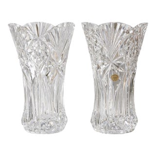 Pair French Cristal D’Arques Cut Crystal Starburst Vases For Sale