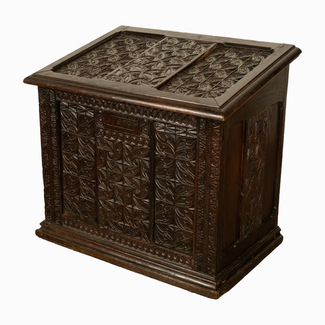 Antique French Medieval Gothic Carved Oak Chest Coffer 17th Century Panels 1679 For Sale - Image 4 of 16