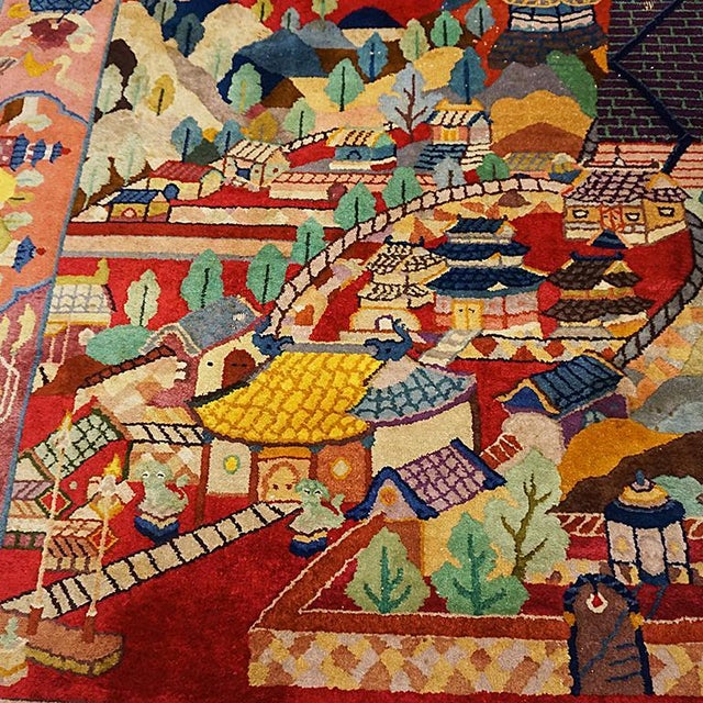 Red 1920s Red Landscape Scene Antique Chinese Art Deco Rug 9'x11' 9" Nichols Workshop Carpet For Sale - Image 8 of 12