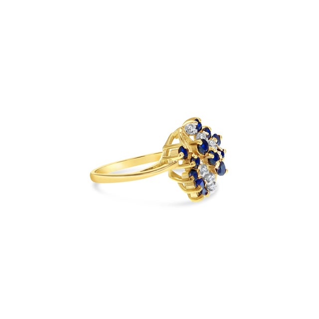 Contemporary Sapphire Diamond Cluster Ring .81cttw 14k Yellow Gold, Size 3 For Sale - Image 3 of 3
