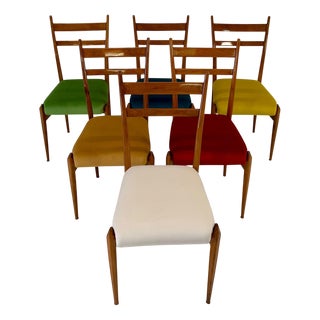 Italian Art Deco Walnut Chairs with Colorful Velvet Seats, 1950s, Set of 6 For Sale