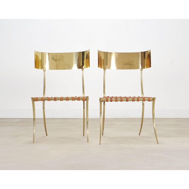Neoclassical Pair of Brass Leather Strap Klismos Chairs by Sylvan S. F. For Sale - Image 3 of 18